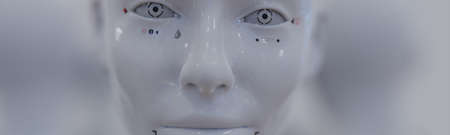 portraits of a female robot on a neutral background concept of robotics and artificial intelligenceの写真素材