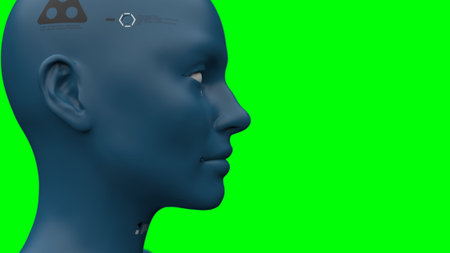 close-up portrait of a robot woman on a green background concept of robotics and artificial...