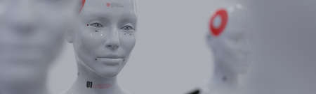 group of robots in female image standing in rows artificial intelligence and robotics conceptの写真素材