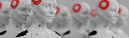 group of robots in female image standing in rows artificial intelligence and robotics conceptの写真素材