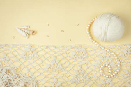 Flat lay on knitting and needlework. Italian wool.の写真素材