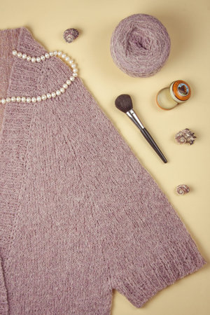 Flat lay on knitting and needlework. Italian wool.