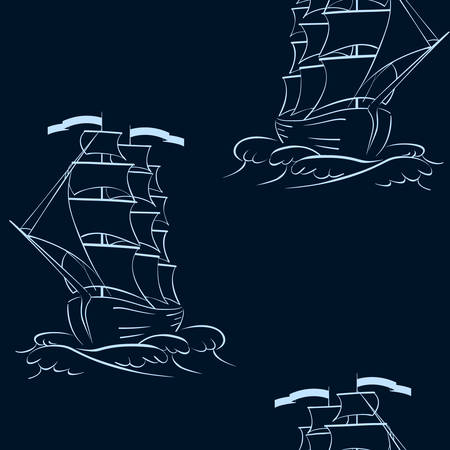 A ship on the waves. Seamless background. Marine and underwater themes.のイラスト素材