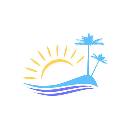 Symbolic vector image. Island with palm trees for tourists and vacationers. The rising of the sun. The waves on the shore.のイラスト素材