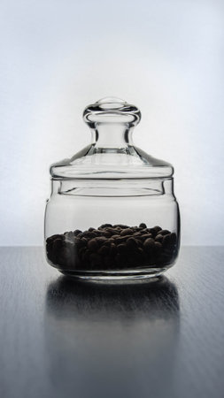 glass jar with coffee with reflection on the table