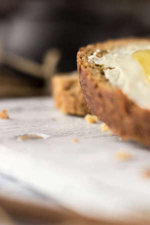 Pieces of bread with butter and honey, macroの写真素材