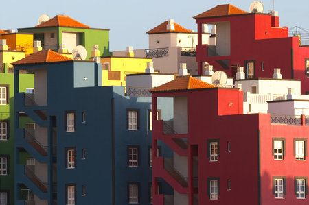 Multicolored buildings in Praya de las Americas Tenerife Canary Islandsの写真素材