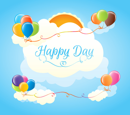 Multicolored balloons in the clouds. Greeting card with bright and cheerful colors.のイラスト素材