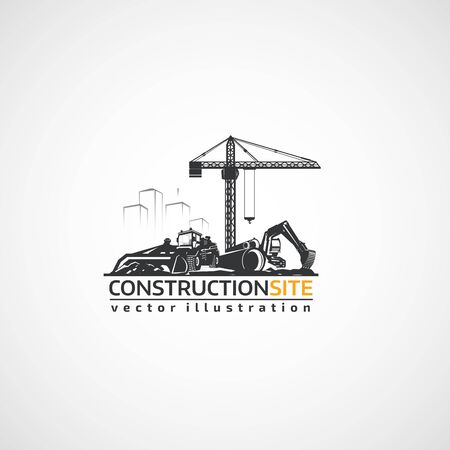 Construction Site, Tractor, Excavator and Buildings Crane.のイラスト素材