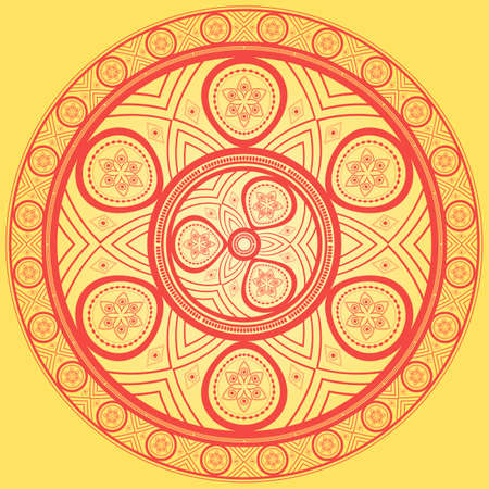 Ethnic mandala in red. Rounded colored design. Ornament oriental.のイラスト素材