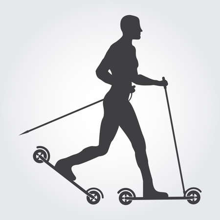 Roller skiing silhouette of man. Guy roller skiing on the grey background. Man roller skiing. Art design for sport.のイラスト素材