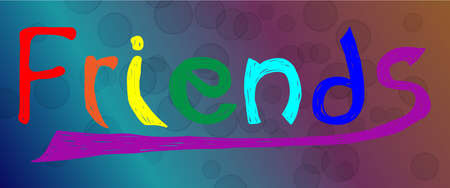 Colored handwritten word fiends made by brush on abstract background with balls. Card for friendship day. Vector colorful stylish design.のイラスト素材