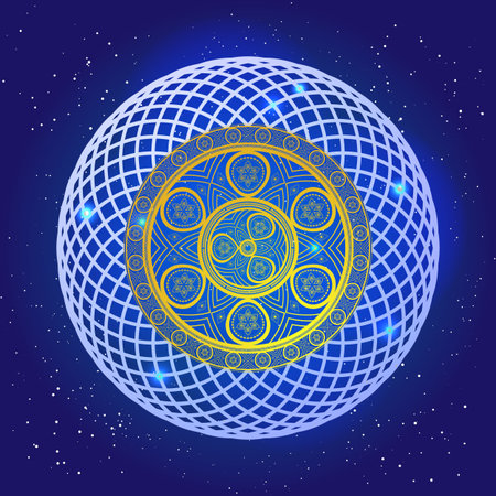 Spiritual mystic sacral mandala in the deep blue space with stars. Golden spiral pattern in magic sky. Vector art design.のイラスト素材
