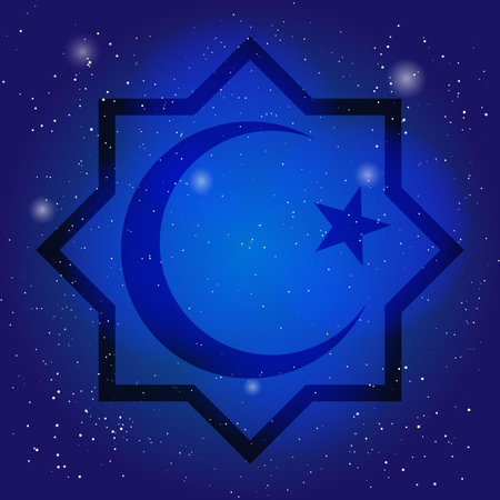 Islam symbol, octagon with crescent and star on the deep blue sky. Design for islamic festival, holyday. Sacral symbol in cosmic background.のイラスト素材