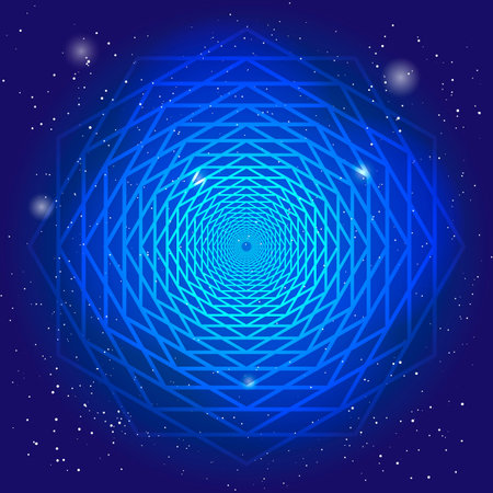 Sacral symbol in the space, on deep blue sky with stars. Spiritual design. The passage of time in universeのイラスト素材