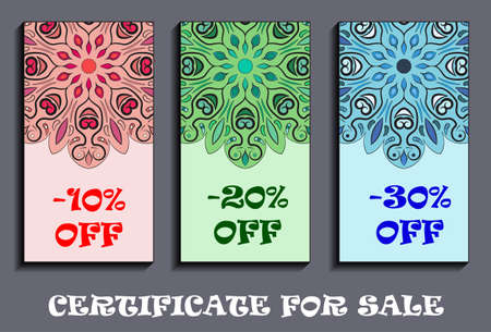 -10, -20 and -30 rate sale tags with flowery mandalas design. Coupons for discount. Flyers offer. For shoppingのイラスト素材