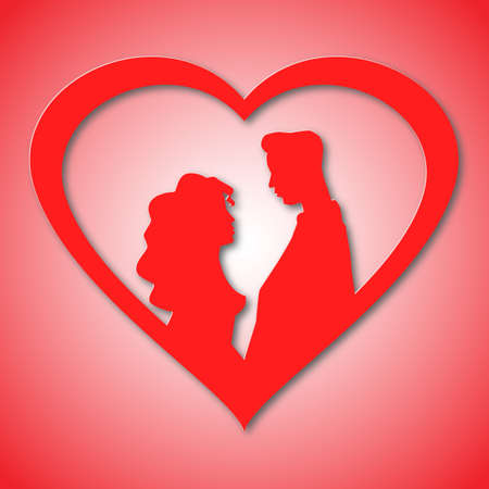 Silhouettes of loving couple in red heart. Card for engagement, wedding, marriage, Valentines Day. Design for romance, illustration for loversのイラスト素材