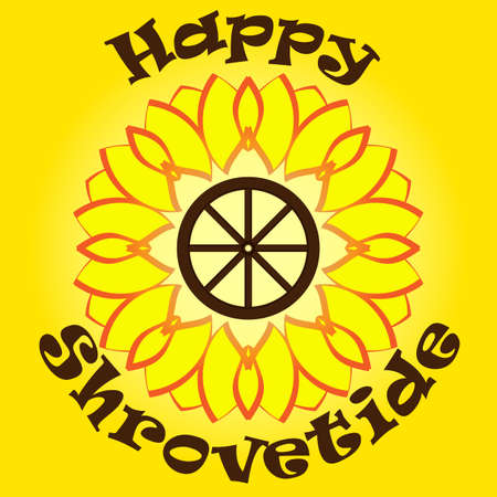 Bright yellow sun with text happy shrovetide on orange background. Wooden wheel inside. National holiday.Template for cards, invitation with symbols of shrovetideのイラスト素材