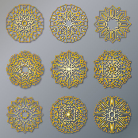 Vector set of golden oriental lacy round patterns. Circle illustrations for design template. Elements in Eastern style and Mandala decor.のイラスト素材