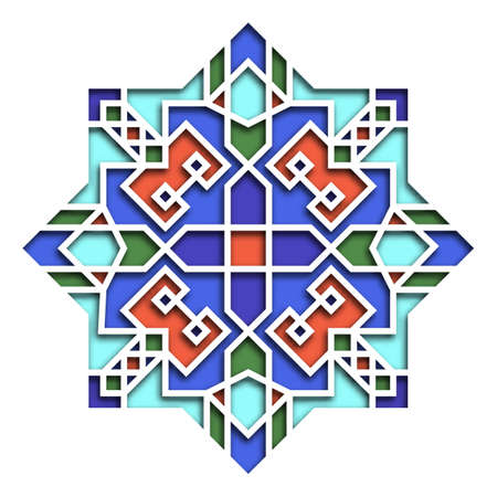 Arabesque pattern, vignette in eastern style, oriental colorful stained-glass. Illustration for Eid Mubarak, decorative islamic tile of mosque 3dのイラスト素材