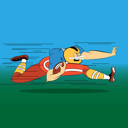 Cartoon football player running with the ball in his hand. Caricature design.のイラスト素材