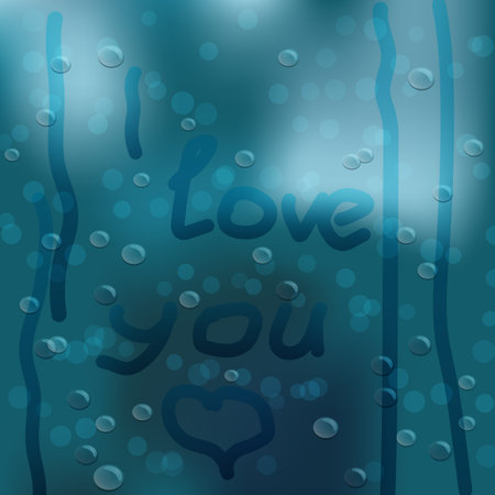 Heart hand drawn on window covered with rain drops and couple covered with umbrella as backgroundのイラスト素材