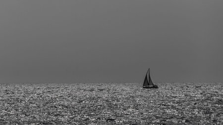 Yacht sailing  Holiday lifestyle landscape with skyline sailboat and two seagull  Yachting tourism - maritime evening walk  Romantic trip on luxury yacht during the sea sunset の写真素材