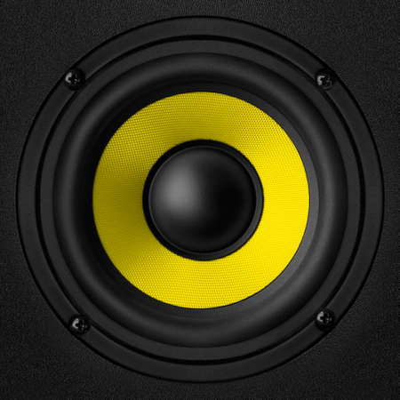 Black   yellow speaker with a metal membraneの写真素材