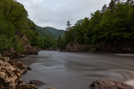 White River in the granite gorge, Republic of Adygea, pollution, agriculture, consequences of the...