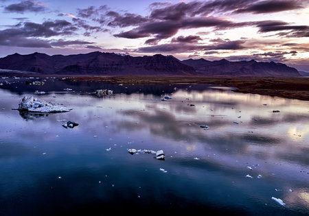 Aerial view of Glacier lagoon in Iceland during the sunrise