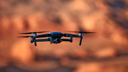 DJI Mavic 2 Pro in paleontological expedition to Herman Tsav Canyon. Martian landscape and The site of many paleontological finds. Cemetery of dinosaurs. 09.09.2019. Gobi Desert, Mongolia.のeditorial素材