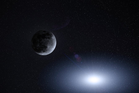 Moon and sun on the starry sky