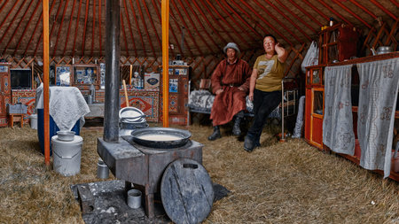 Life of the Mongolian Yurt. Interior of the nomad's house. Mongol family at home. 09/06/2019. Gobi...