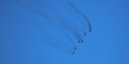 Airshow of the aerobatic team Strizhi (The Swifts). Aerobatic Team on fighters Mig-29, Russian Air...
