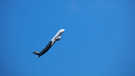 AIRBUS A350 XWB. Modern Airliner Demonstration flight on MAKS 2019 airshow. ZHUKOVSKY, RUSSIA, AUGUST 30, 2019.のeditorial素材