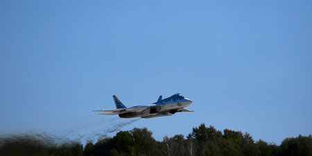 New Russian five generation fighter SU 57 (T-50) shows aerial maneuver battle at Moscow...