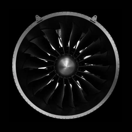 Modern turbofan engine. close up of turbojet of aircraft on black background.の写真素材