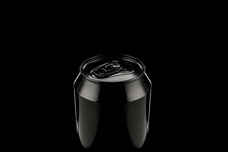 Black metal can. black alluminium can of beer, lemonade or tonic isolated on black background. Empty packaging mockup with no label.の写真素材