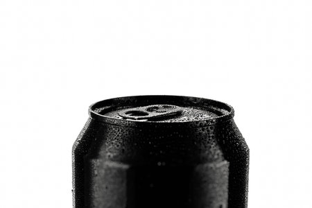 Black metal can, with drops of condensation on the surface. Wet black alluminium can of beer,...