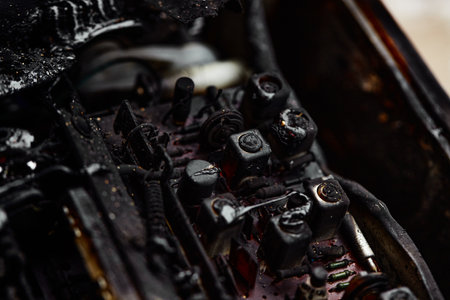 The cause of the fire, a faulty electrical appliance caused a fire. The old electrical appliance after the fire.の写真素材