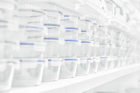 Reusable food containers. Containers for storing food. Responsible use of resources. Transparent plastic food storage containers.の写真素材