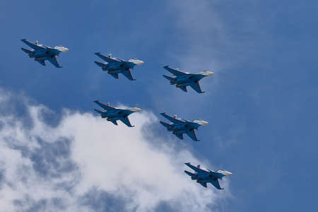 Performance of the aerobatic team Russian Knights, Russian Air Force. On planes Sukhoi Su-30SM, NATO code name: Flanker-C. International Military-Technical Forum Army-2020. 09.25.2020, Moscow, Russiaのeditorial素材