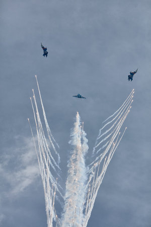 Performance of the aerobatic team Russian Knights, Russian Air Force. On planes Sukhoi Su-30SM, NATO code name: Flanker-C. International Military-Technical Forum Army-2020. 09.25.2020, Moscow, Russiaのeditorial素材