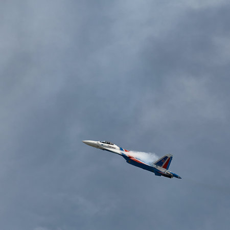 Performance of the aerobatic team Russian Knights, Russian Air Force. On planes Sukhoi Su-30S, NATO code name: Flanker-E. International Military-Technical Forum Army-2020. 09.25.2020, Moscow, Russia.のeditorial素材