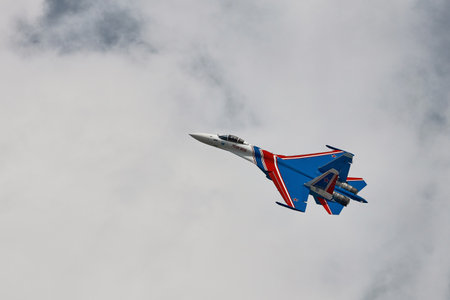 Performance of the aerobatic team Russian Knights, Russian Air Force. On planes Sukhoi Su-30S, NATO code name: Flanker-E. International Military-Technical Forum Army-2020. 09.25.2020, Moscow, Russia.のeditorial素材