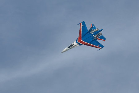 Performance of the aerobatic team Russian Knights, Russian Air Force. On planes Sukhoi Su-30S, NATO code name: Flanker-E. International Military-Technical Forum Army-2020. 09.25.2020, Moscow, Russia.のeditorial素材