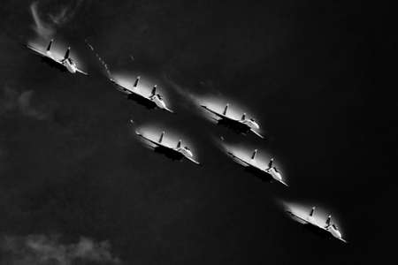 Performance of the aerobatic team Russian Knights, Russian Air Force. On planes Sukhoi Su-30SM, NATO code name: Flanker-C. International Military-Technical Forum Army-2020. 09.25.2020, Moscow, Russiaのeditorial素材