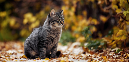 Cat portrait. Disheveled cat in the autumn park. Portrait of a street cat.の写真素材