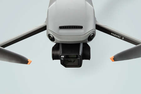 Drone portrait. Copter with professional Hasselblad camera. Commercial UAV, New DJI Mavic 3 drone. 17.12.2021, Rostov region, Russiaのeditorial素材