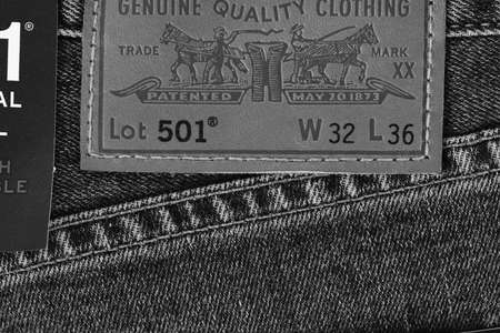 Close up of the details of new LEVIS 501 Jeans. Seams and denim texture close-up. Classic jeans model. LEVIS is a brand name of Levi Strauss and Co, founded in 1853. 31.12.2021, Rostov, Russiaのeditorial素材